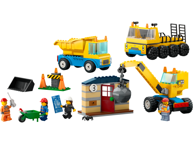 Construction Trucks and Wrecking Ball Crane